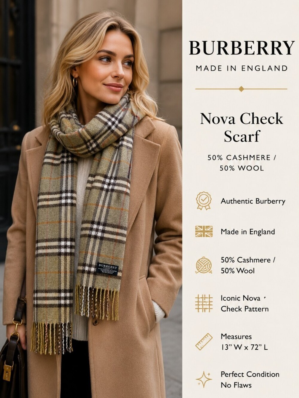 Burberry Cashmere Blend Nova Check Scarf | Made in England | 13" x 72" Unisex